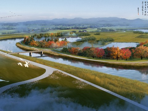  现代湿地公园园林鸟瞰psd 