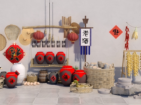  中式乡村酒文化景观小品3d模型 