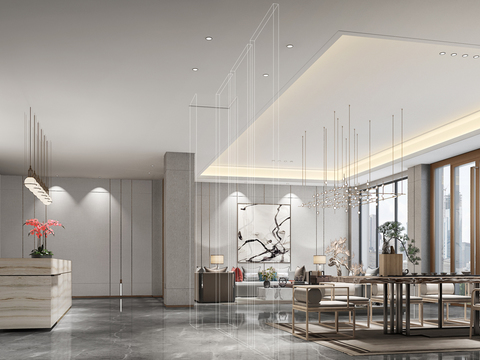  新中式酒店大堂前台3d模型 