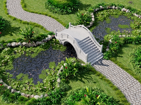  新中式石桥荷花假石水池景观3d模型 