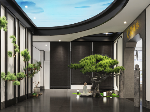  新中式会所过道3d模型 