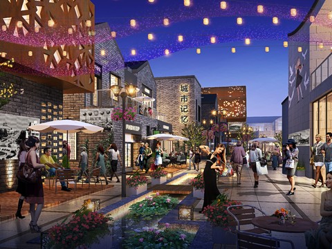  现代商业街步行街中庭夜景psd 