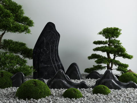  新中式假山树灌木小品3d模型 