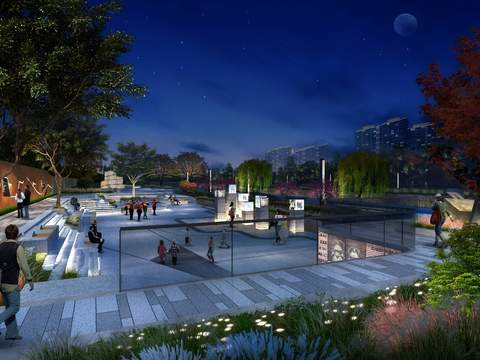  下沉式广场夜景psd 