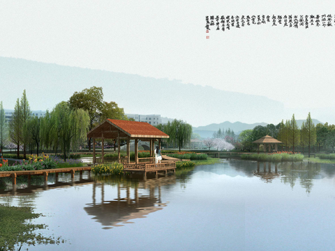  现代湖边亭子园林景观psd 