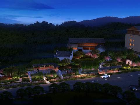  新中式住宅楼外观鸟瞰夜景psd 