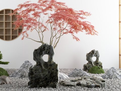  新中式假山松树景观小品3d模型 