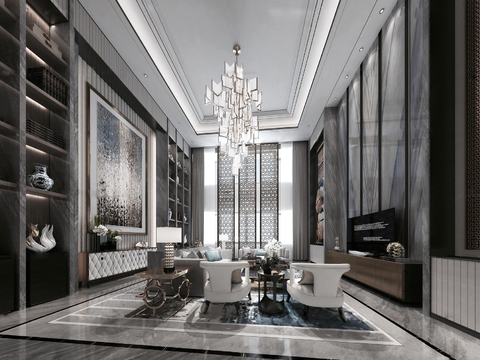  新中式轻奢别墅大堂3d模型 