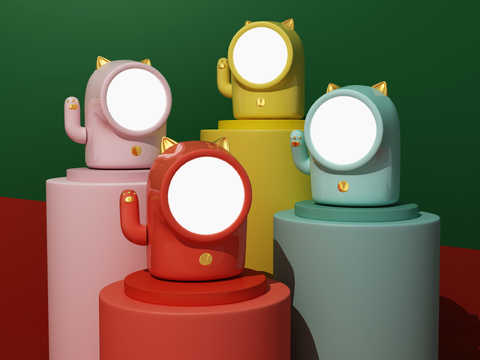  卡通猫头灯儿童房装饰灯具3d模型下载 现代创意家居灯饰设计 粉色底座LED灯 