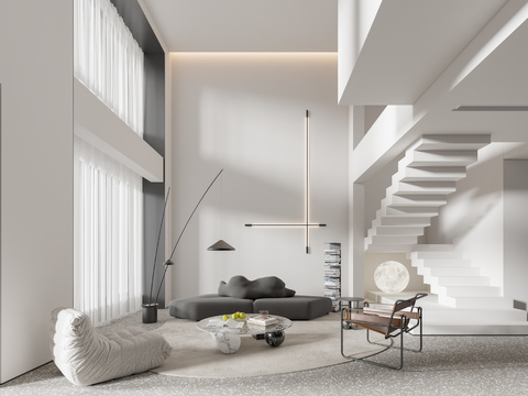  奶油风挑空别墅客厅3d模型 