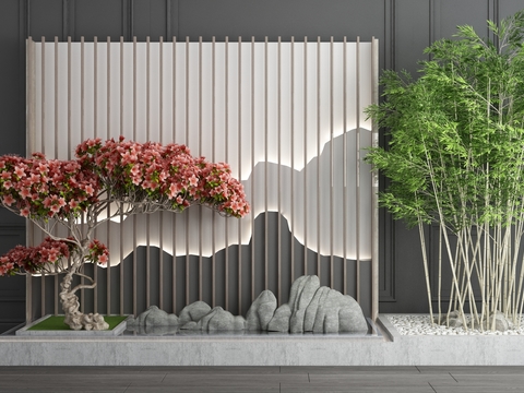  新中式假山植物景观园艺小品3d模型 