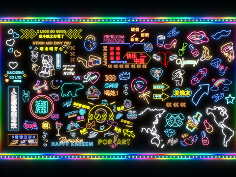  霓虹灯创意元素3d模型下载 网红打卡墙艺术封面 现代装饰灯光设计 