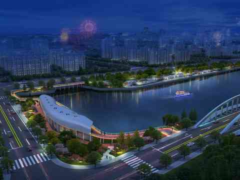  现代园林景观夜景鸟瞰psd 