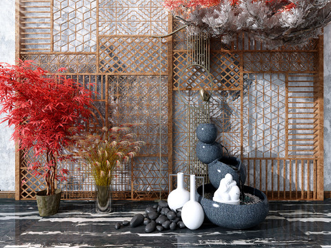  新中式盆景水景摆件背景墙园艺小品3d模型 