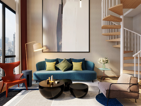  北欧复式单身公寓客厅餐厅3d模型 