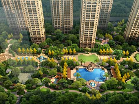  现代小区公园游泳池鸟瞰psd 