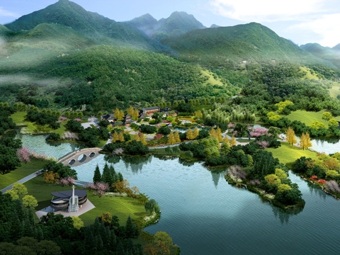  湖边园林鸟瞰psd 