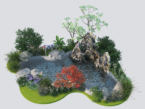  假山水池小品3d模型 