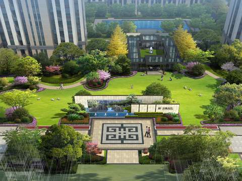  新中式小区公园园林鸟瞰psd 