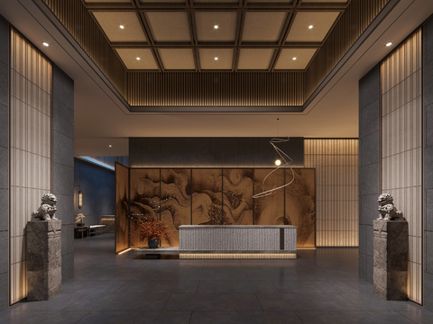  新中式会所前台d模型 