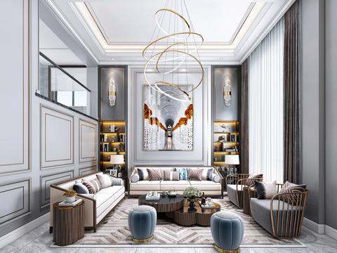  现代轻奢别墅客厅3d模型 