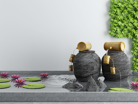  新中式水景荷叶荷花景观小品3d模型 