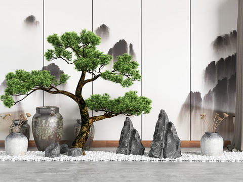  新中式松树假山景观小品3d模型 