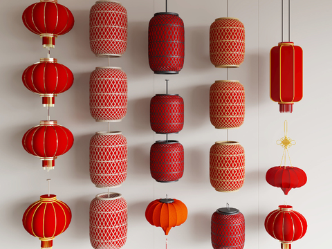  新中式灯笼3d模型下载 传统现代融合节日装饰设计 红色喜庆墙面悬挂灯笼 