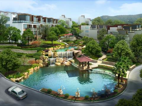  现代公园假山石流水鸟瞰psd 