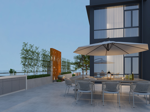  现代别墅露台花园夜景3d模型 