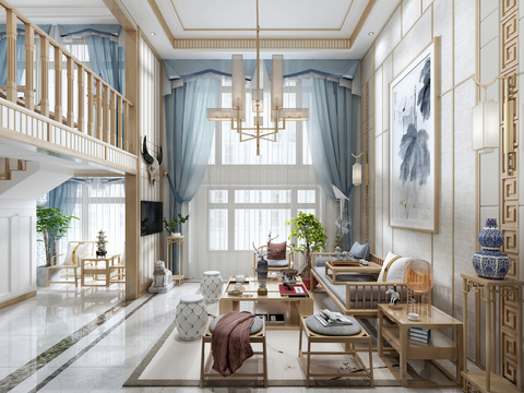  新中式别墅客厅3d模型 