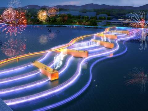  跌水 景观桥夜景psd 