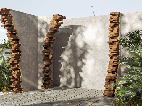  现代户外破墙老墙旧墙红砖墙盆栽植物3d模型 