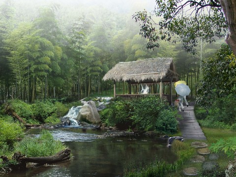  现代山间流水园林景观psd 