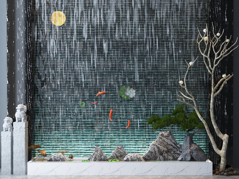  新中式流水背景墙假山雕塑组合3d模型 