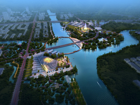  现代滨河公园景观鸟瞰psd 