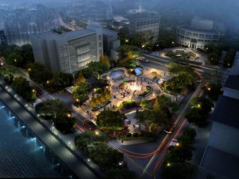  现代公园景观夜景鸟瞰psd 