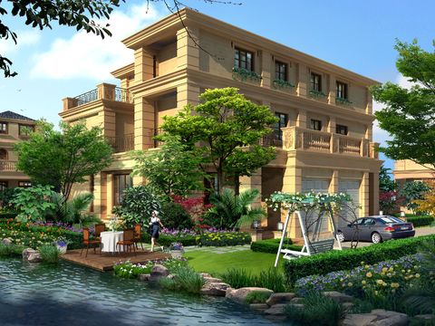  现代独栋别墅外观庭院阳台psd 