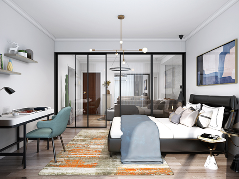  现代极简公寓客厅卧室3d模型 