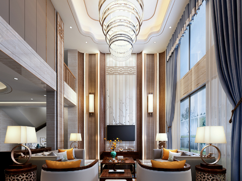  新中式别墅大堂3d模型 