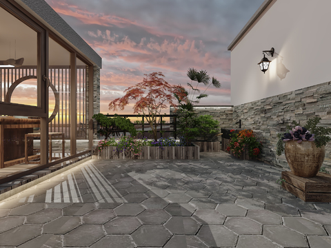  新中式庭院露台3d模型 