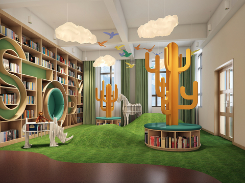  现代幼儿园绘本室3d模型 