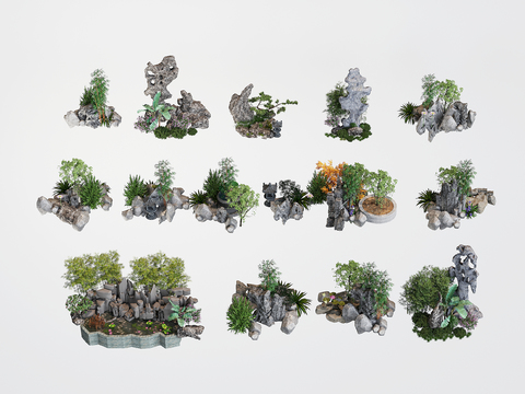  中式假山 造景石 假山 水池小品3d模型 