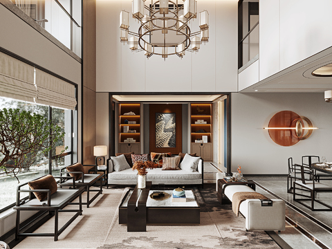  新中式挑空别墅客餐厅3d模型 