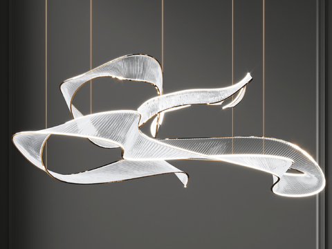  现代艺术流线金属吊灯3d模型下载 不规则发光线条设计 悬挂式优雅装饰灯具 