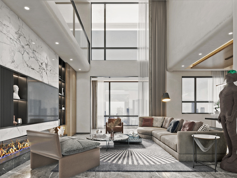  现代复式别墅客厅餐厅3d模型 