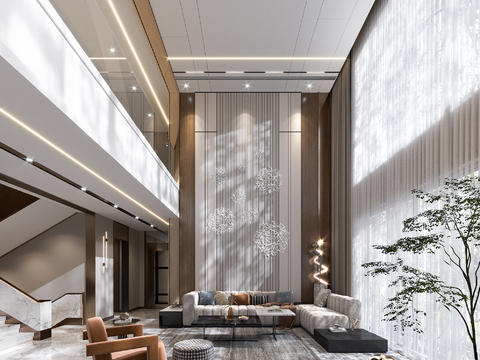  现代挑空别墅客厅餐厅3d模型 