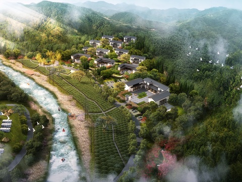  新中式民宿鸟瞰psd 