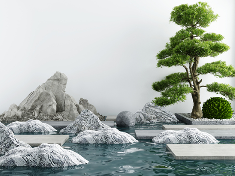  新中式松树水景园艺小品3d模型 