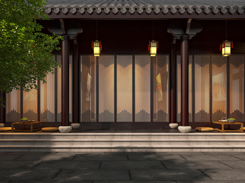  中式古建园林庭院过道3D模型 